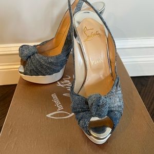 Christian Louboutin Blue Denim Jenny Knotted Platform Slingback Heels 37.5